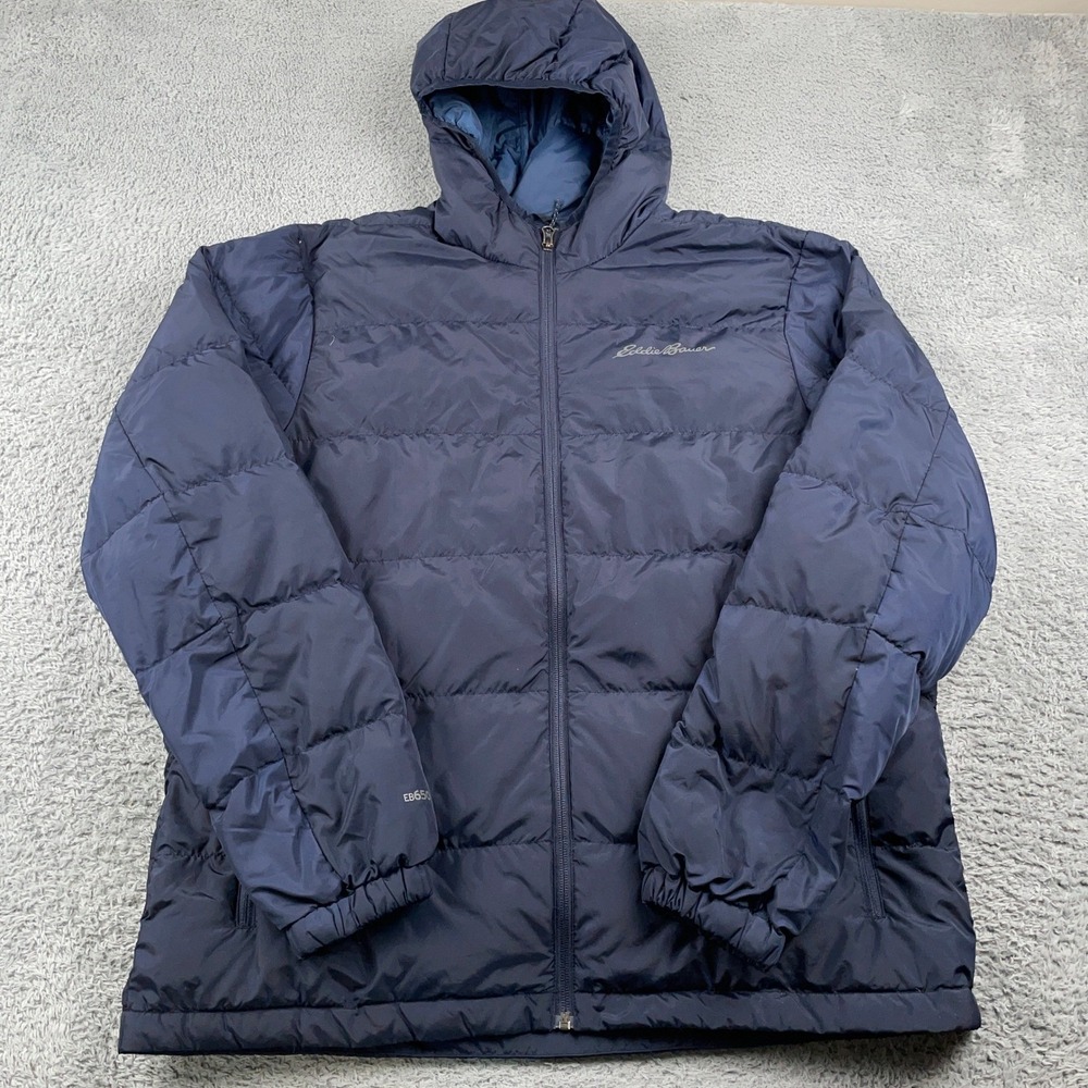 Eddie Bauer Jacket Mens Large Blue Wide Channel Hooded Down Puffer EB650 Coat